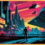 A reminiscent of classic 1980s sci-fi movie posters, with bold colors and a dynamic composition.