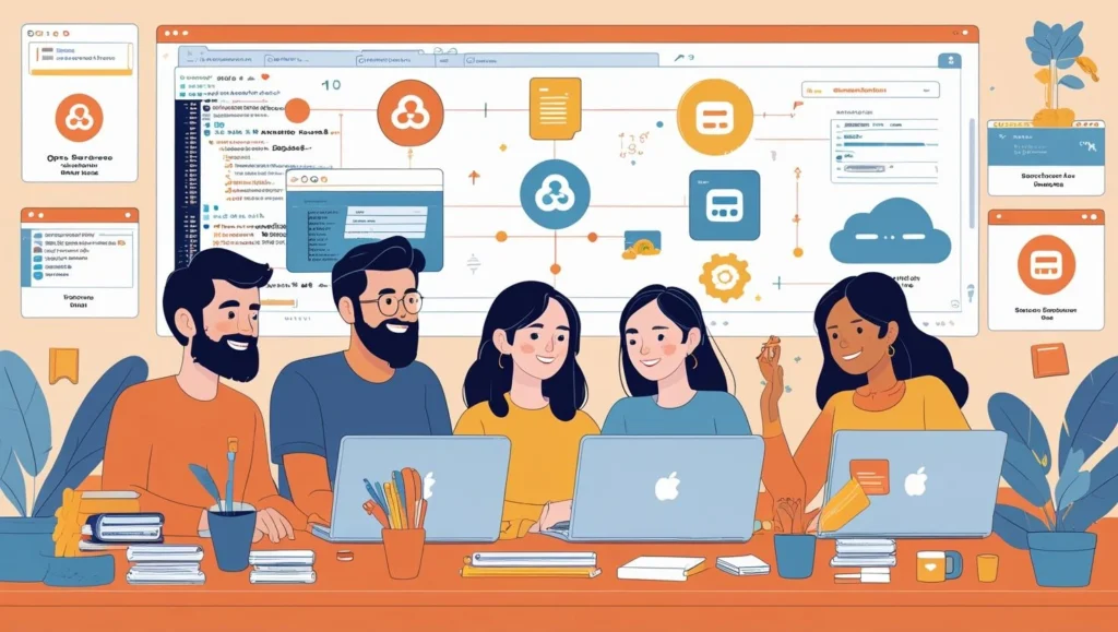 Team of developers collaborating in a startup office while using open-source tools like GitHub and software libraries for product development