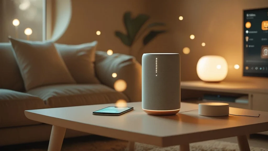 Smart home living room setup with a voice-controlled smart speaker on a table, surrounded by ambient lighting and connected devices, representing Alexa and Amazon Echo integration in home automation.