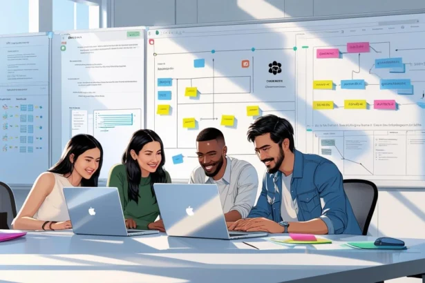Startup team planning an open-source software roadmap with GitHub and community-powered tools.