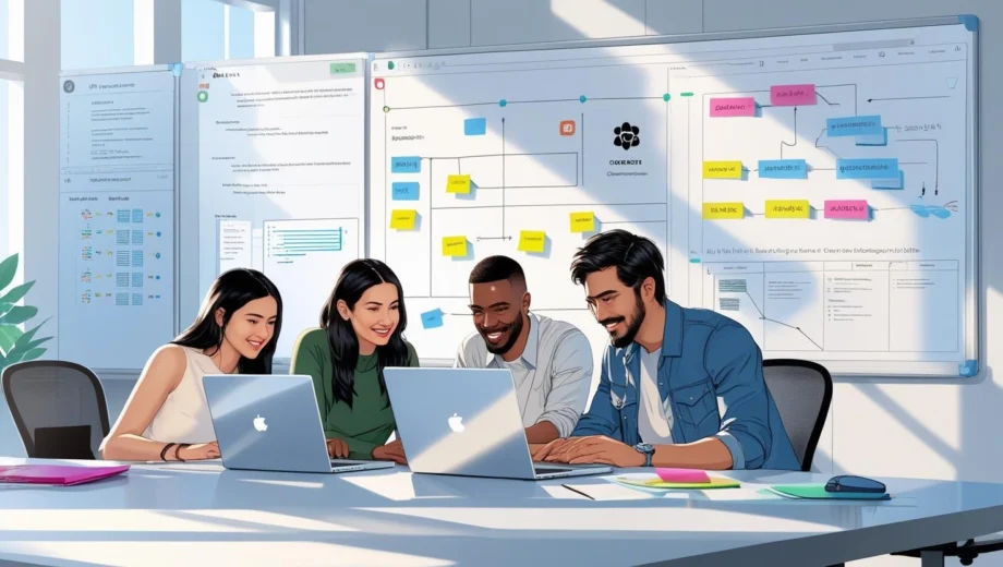 Startup team planning an open-source software roadmap with GitHub and community-powered tools.