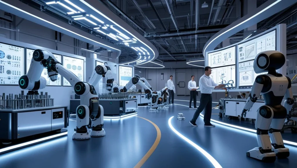 "Realistic image of advanced robotics in a smart factory showcasing industrial robots, cobots, and human-robot collaboration."
