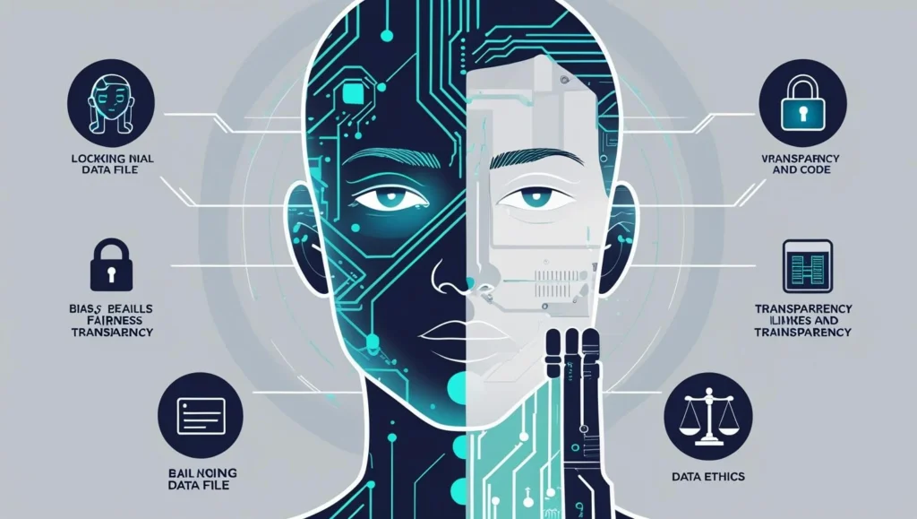Visual representation of ethical AI challenges including bias, fairness, and transparency with human and machine interaction.