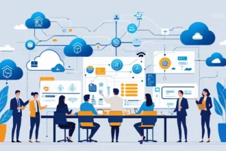 "Illustration of cloud migration showing data transfer from on-premise servers to AWS and Azure cloud platforms, representing global IT cloud migration strategy roadmap.