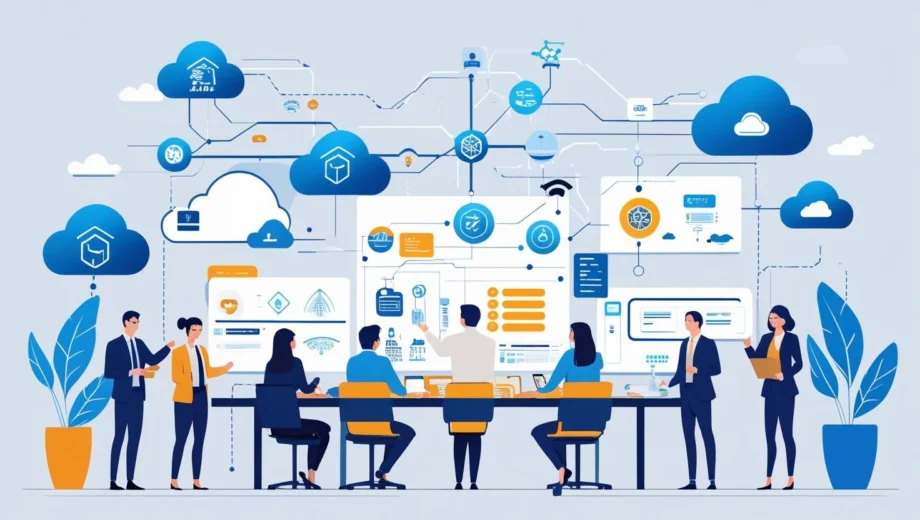 "Illustration of cloud migration showing data transfer from on-premise servers to AWS and Azure cloud platforms, representing global IT cloud migration strategy roadmap.