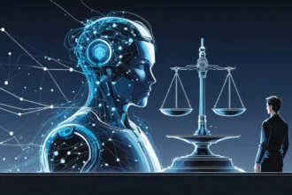 Illustration of ethical AI represented by a futuristic robot and justice scale, symbolizing responsible technology.