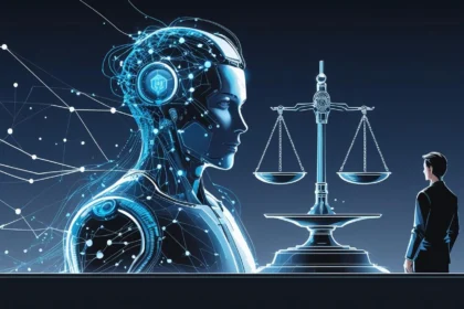 Illustration of ethical AI represented by a futuristic robot and justice scale, symbolizing responsible technology.