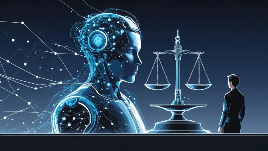 Illustration of ethical AI represented by a futuristic robot and justice scale, symbolizing responsible technology.