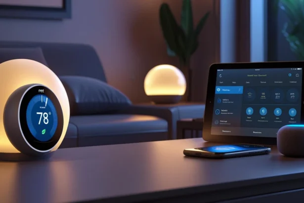 Modern smart home interior with IoT devices like Amazon Echo and smart lights, showcasing connected home technology for 2025