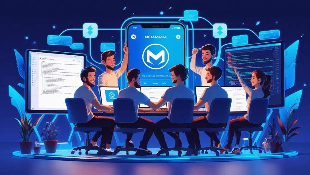 Illustration of developers launching a crypto app with blockchain features, wallet integration, and smart contract support.