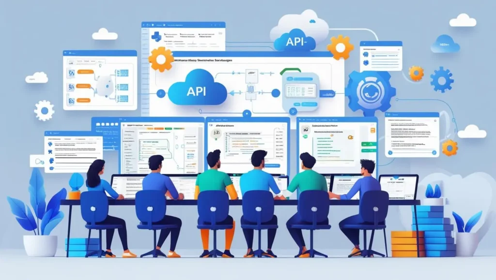Developers planning software architecture using API-first principles with flowcharts and collaborative design tools