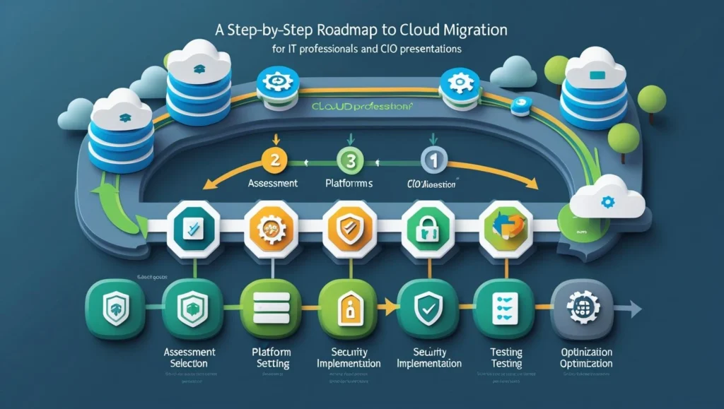 "Infographic showing step-by-step IT cloud migration roadmap including assessment, AWS/Azure platform selection, security implementation, testing, and optimization stages