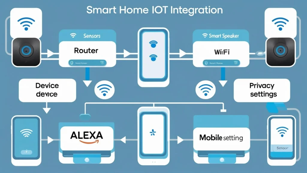 Illustrated roadmap of smart home IoT integration showing device setup, WiFi configuration, Alexa, and security steps