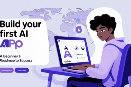 “Beginner developer building first AI app with GitHub tools on a global platform – AI App Roadmap visual.”