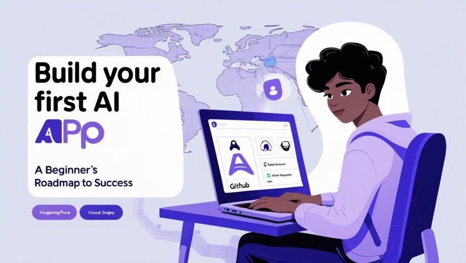 “Beginner developer building first AI app with GitHub tools on a global platform – AI App Roadmap visual.”