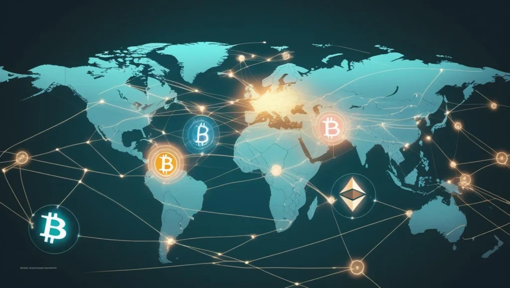Global blockchain adoption trends in 2025 showing worldwide nodes, crypto tech integration, and digital finance evolution.