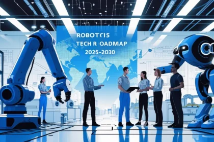 Illustration showing the Robotics Tech Roadmap for 2025–2030 with AI-powered industrial robots, automation systems, and future technology trends in a futuristic global workspace.