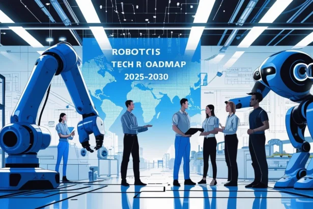 Illustration showing the Robotics Tech Roadmap for 2025–2030 with AI-powered industrial robots, automation systems, and future technology trends in a futuristic global workspace.