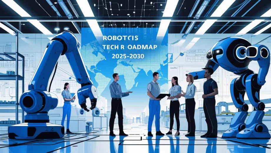 Illustration showing the Robotics Tech Roadmap for 2025–2030 with AI-powered industrial robots, automation systems, and future technology trends in a futuristic global workspace.