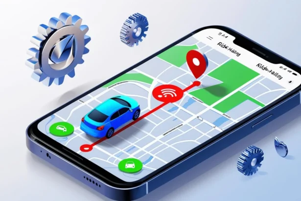 Mobile app interface showing a ride-sharing map with a vehicle route and destination, representing the roadmap to building an app like Uber.