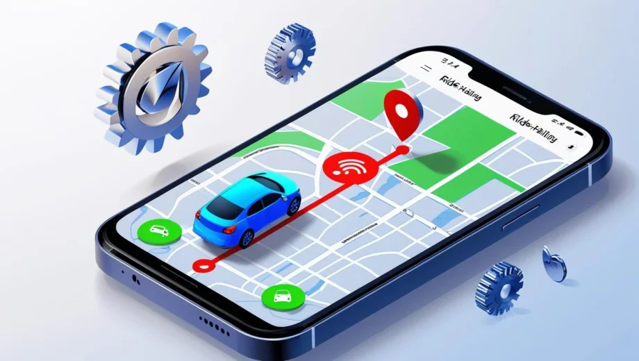 Mobile app interface showing a ride-sharing map with a vehicle route and destination, representing the roadmap to building an app like Uber.
