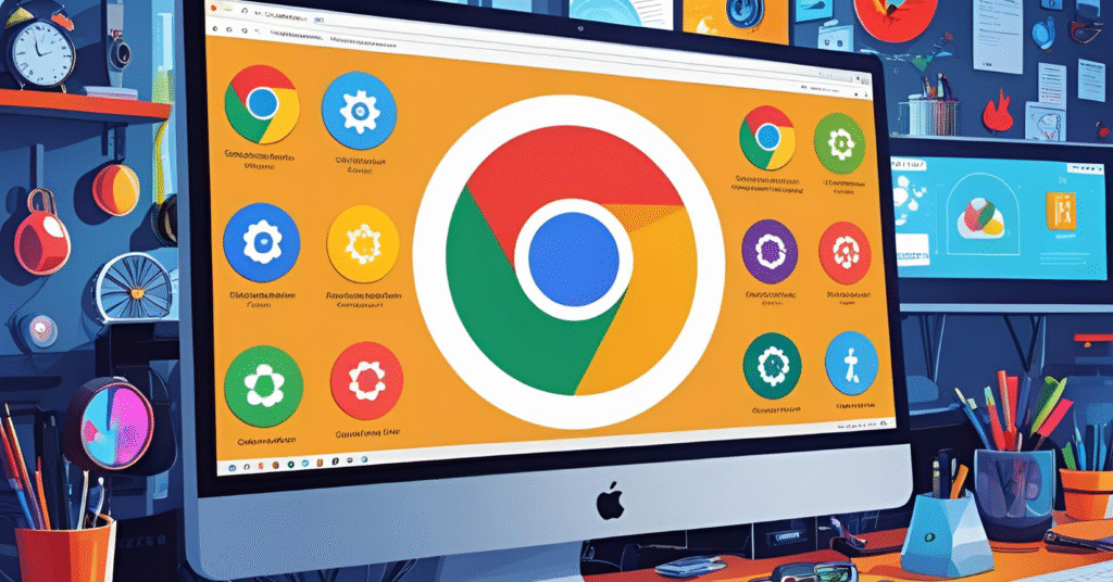 Tech-style monitor screen with central Chrome logo surrounded by productivity extension icons, including Clockify, Todoist, Forest, representing focus tools for 2025.