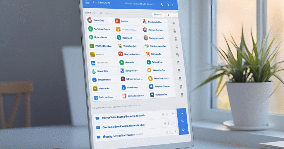A digital tablet displaying a clean, modern interface with a checklist of Chrome extensions like Clockify, Todoist, and Forest, highlighting focus tools for 2025.