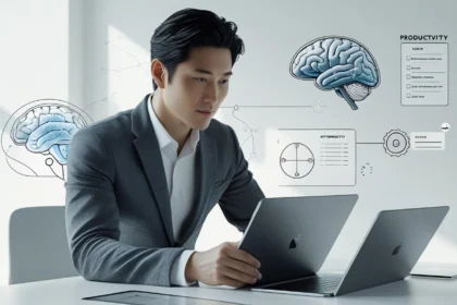 Realistic workspace with productivity tools and brain overlay visuals representing productivity science and neuroscience