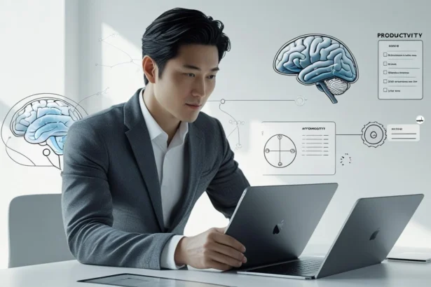 Realistic workspace with productivity tools and brain overlay visuals representing productivity science and neuroscience