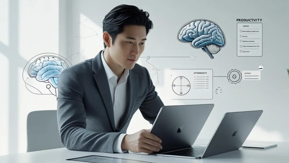 Realistic workspace with productivity tools and brain overlay visuals representing productivity science and neuroscience