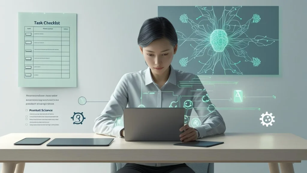 Realistic workspace with productivity tools and brain overlay visuals representing productivity science and neuroscience
