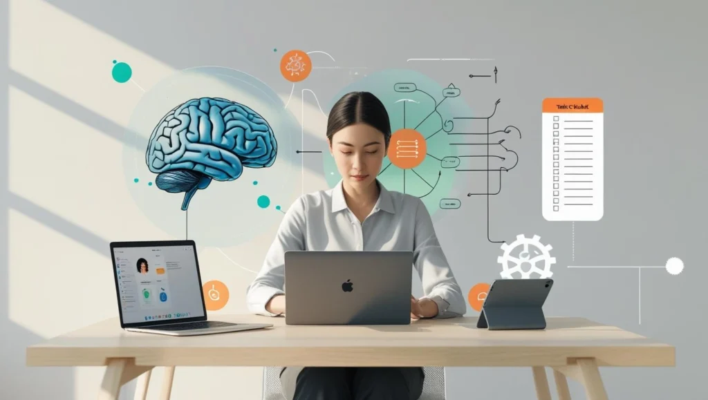Realistic workspace with productivity tools and brain overlay visuals representing productivity science and neuroscience