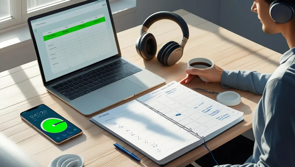 Freelancer using multiple productivity tools like laptop, phone timer, and planner to stay organized in 2025