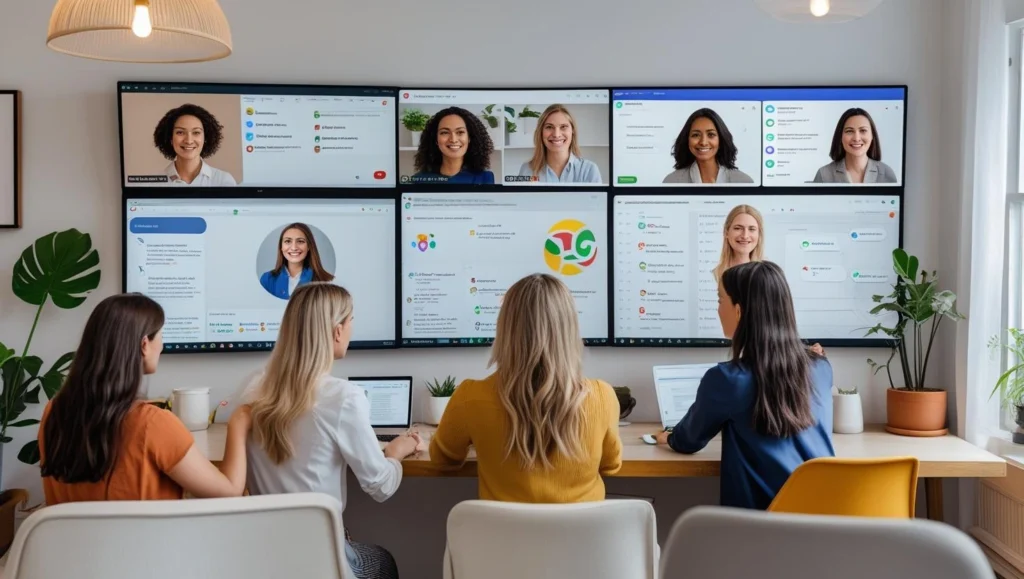 Diverse remote teams collaborating through Zoom, Google Docs, and Slack from different locations around the world