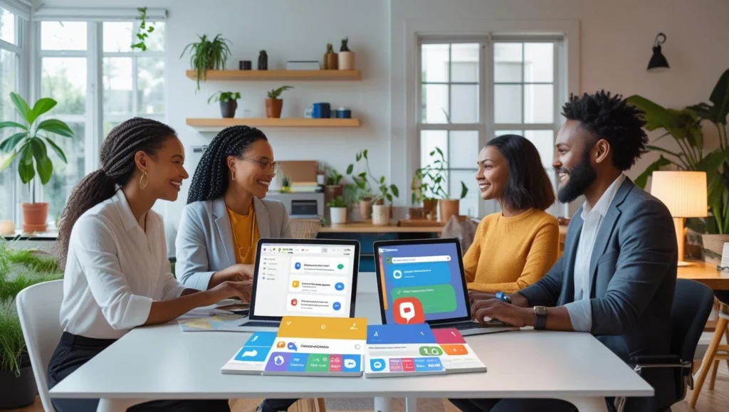 Diverse remote teams collaborating through Zoom, Google Docs, and Slack from different locations around the world