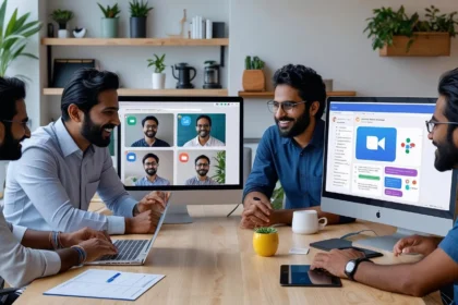 Diverse remote teams collaborating through Zoom, Google Docs, and Slack from different locations around the world
