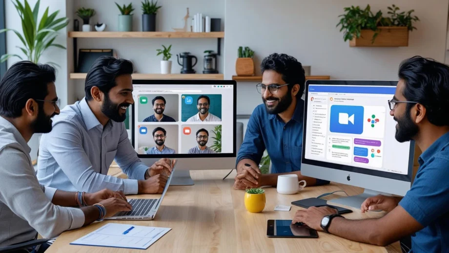 Diverse remote teams collaborating through Zoom, Google Docs, and Slack from different locations around the world