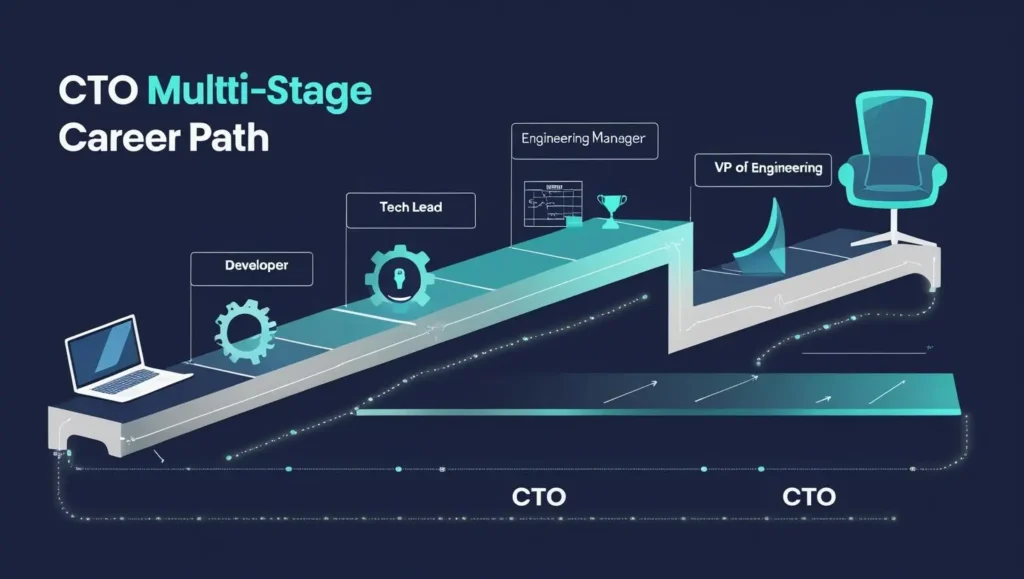 CTO career roadmap illustration showing progression from software engineer to tech executive with milestones and leadership icons