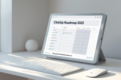 Minimalist workspace with a tablet showing task dashboard – ClickUp productivity suite 2025