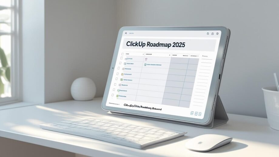 Minimalist workspace with a tablet showing task dashboard – ClickUp productivity suite 2025