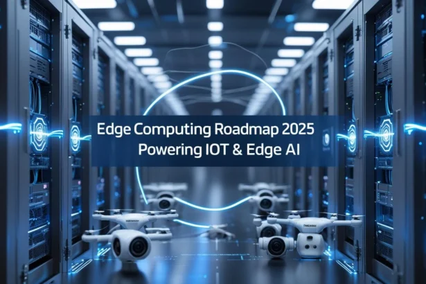 Edge computing roadmap thumbnail with IoT, AI, Intel, NVIDIA visuals in blue tones