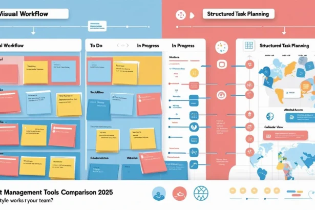 Illustration comparing visual Kanban-style workflow and structured task planning to represent project management tools in 2025