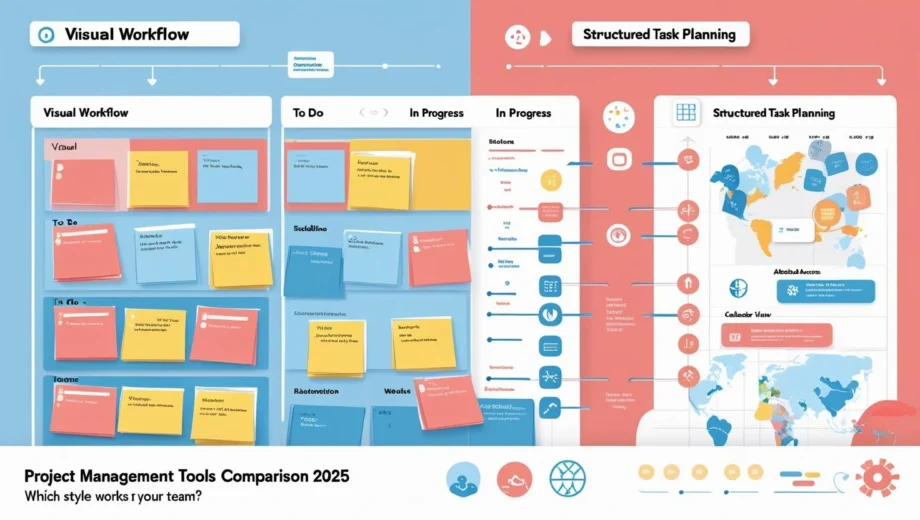 Illustration comparing visual Kanban-style workflow and structured task planning to represent project management tools in 2025