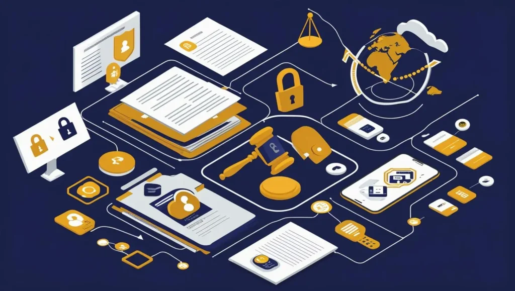 Illustration of digital law and privacy symbols over emerging markets map, representing key tech policies and regulations