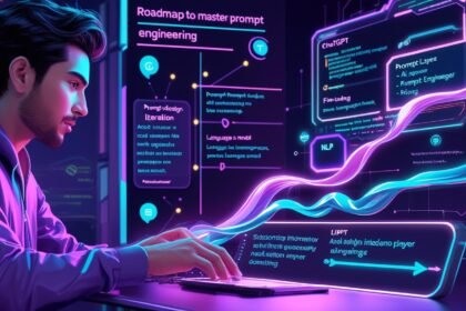 AI-powered interface showing a developer mastering prompt engineering with a digital roadmap and language model interaction