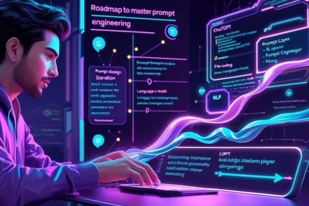 AI-powered interface showing a developer mastering prompt engineering with a digital roadmap and language model interaction