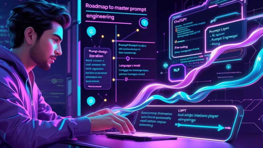 AI-powered interface showing a developer mastering prompt engineering with a digital roadmap and language model interaction