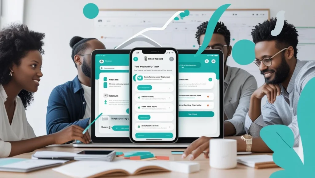 Startup team brainstorming UI/UX for productivity tools shown on mobile interface
