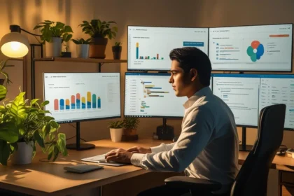 Modern 2025 remote home office with digital tools, showing a focused worker managing productivity in a USA or UK setting