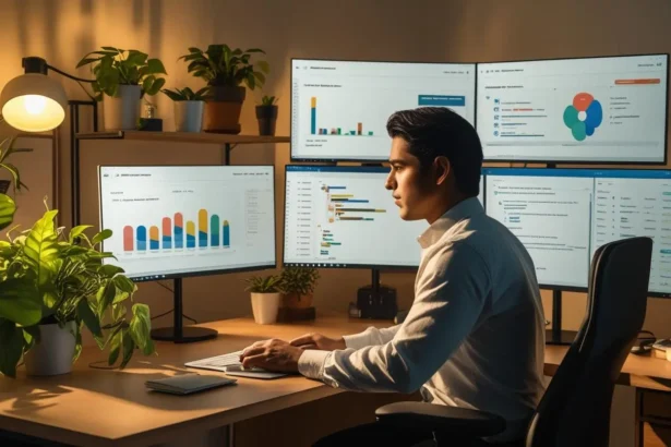 Modern 2025 remote home office with digital tools, showing a focused worker managing productivity in a USA or UK setting